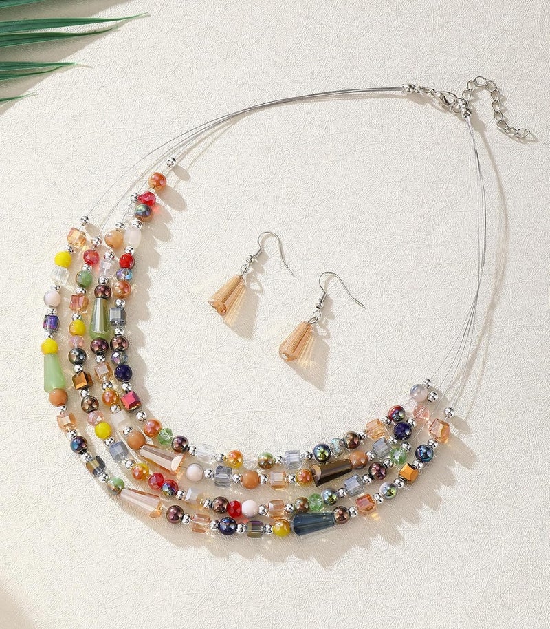 Errally Store Layered Beaded Statement Necklace Multi Strand Crystal Beads Collar Necklace and Earring Sets for Women Fashion Costume Jewelry Set Gifts for Her - Image 2